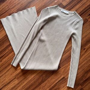 Zara Neutral Ribbed Knit Long Sleeve Dress